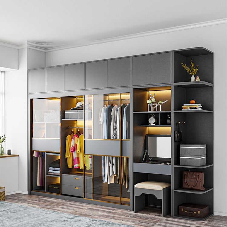 Grey Contemporary Wardrobe Closet Sliding Wardrobe Armoire with Drawer Clearhalo 'Armoires & Wardrobes' 'armoires_wardrobes' 'Bedroom Furniture' 'furn' 'furn_armoires_wardrobes' 'Furniture' 1200x1200_05af595e-5558-4bf9-a26e-034af906ad77