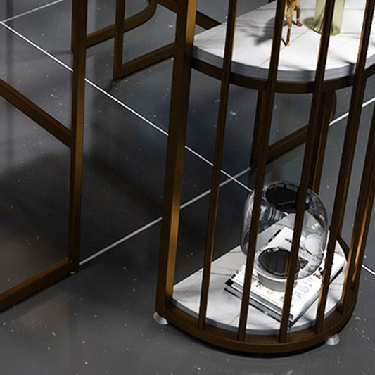 Tavolo da barra in pietra sinterizzato bianco tavolo da pranzo a base di metallo con ripiani