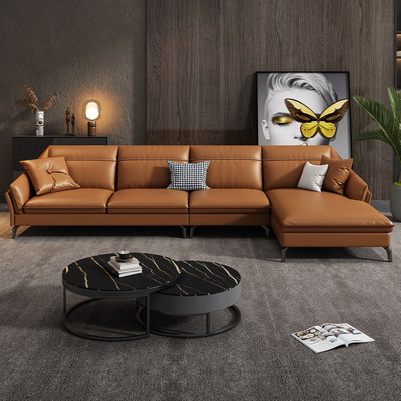 Contemporary Genuine Leather Sewn Pillow Back Sofa 35.43"High Flared Arm Sofa,Dark Brown Clearhalo 'furn' 'furn_sectionals' 'Furniture' 'furniture_sectionals' 'kitchen' 'kitchen_sectionals' 'Living Room Furniture' 'Sectionals' 1200x1200_05b22509-5bbd-43ca-8480-309a6bab1d1b