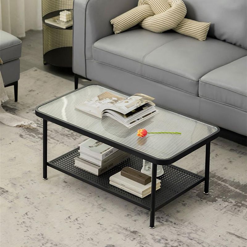 Salontafel met 4 poten, eigentijdse koffiecocktailtafel met glazen blad en plank