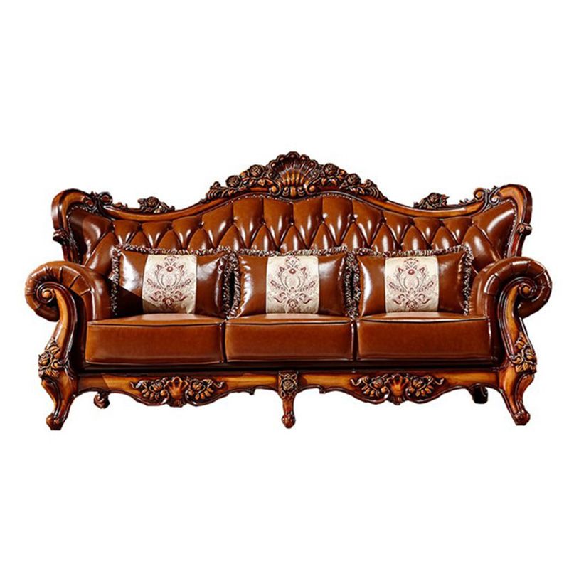 Classic Tufted Split-Back Seating Flared Arm Sofa with Pillows in Brown