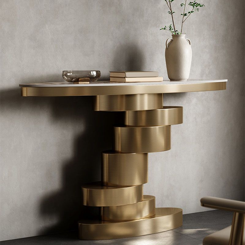 Glam Oval Console Table Golden Stone Console Sofa Table for Hall