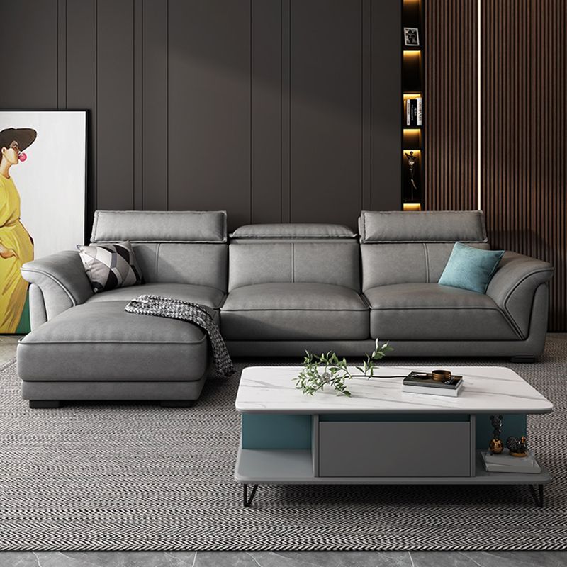 Sofá de cuero sintético gris y chaise moderna bizcho