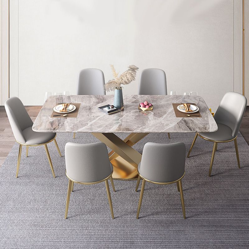 Mesa de comedor rectangular moderna, mesa superior de piedra gris brillante para el hogar
