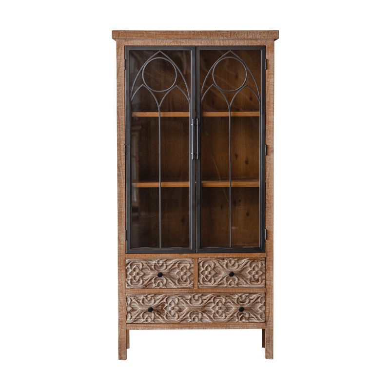 Distressed Brown Drawers Included Cabinet Glass Paned Wood & Iron Accent Cabinet