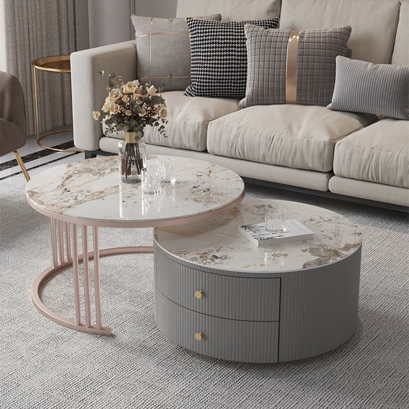 Modern Cocktail Table Round Glass / Slate Coffee Table with Storage Clearhalo 'Coffee & Accent Tables' 'Coffee Tables' 'coffee_tables' 'furn' 'furn_coffee_tables' 'Furniture' 'Living Room Furniture' 1200x1200_065cf518-7140-4481-af6d-2c1856850e9d