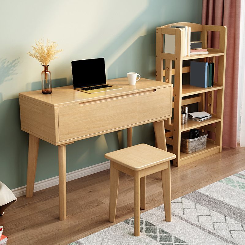 Tavolo da toeletta scandinavo a specchio in legno massiccio e sgabello