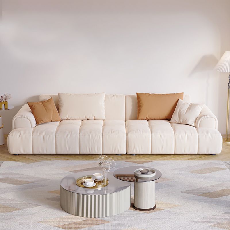 Contemporary Beige Round Arm Standard Sofa Tight Back Suede Couch with Pillows Clearhalo 'furn' 'furn_sofas' 'Furniture' 'furniture_sofas' 'Living Room Furniture' 'Sofa' 'sofas' 1200x1200_0697c46f-946b-4f2c-a4ea-db227f3c4f05