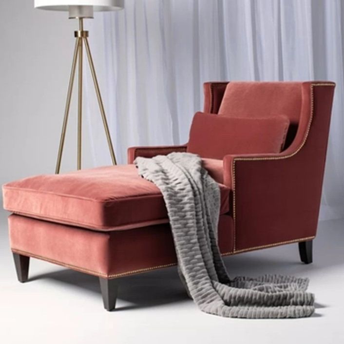 Divano chaise longue moderno imbottito in misto cotone con braccioli quadrati