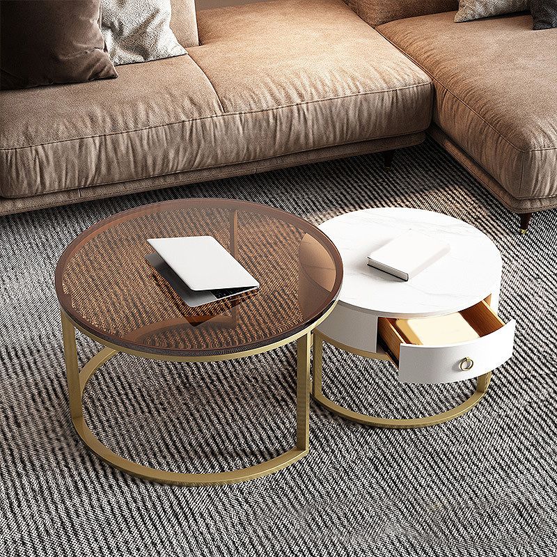 Modern Style Tempered Glass & Rock Sheet Top Gold Metal Base Round Coffee Table Clearhalo 'Coffee & Accent Tables' 'Coffee Tables' 'coffee_tables' 'furn' 'furn_coffee_tables' 'Furniture' 'furniture_coffee_tables' 'Living Room Furniture' 1200x1200_06e9685d-2ce8-4b10-bc3a-cc0951145316