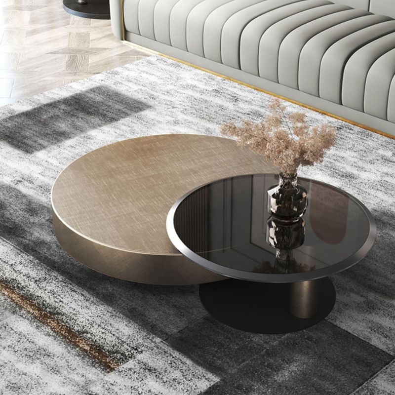 Block Base Design Cocktail Table Gold Metal Top Black Base Round Coffee Table Clearhalo 'Coffee & Accent Tables' 'Coffee Tables' 'coffee_tables' 'furn' 'furn_coffee_tables' 'Furniture' 'furniture_coffee_tables' 'Living Room Furniture' 1200x1200_070f1ed8-4887-49f4-a926-2f74faac38e7