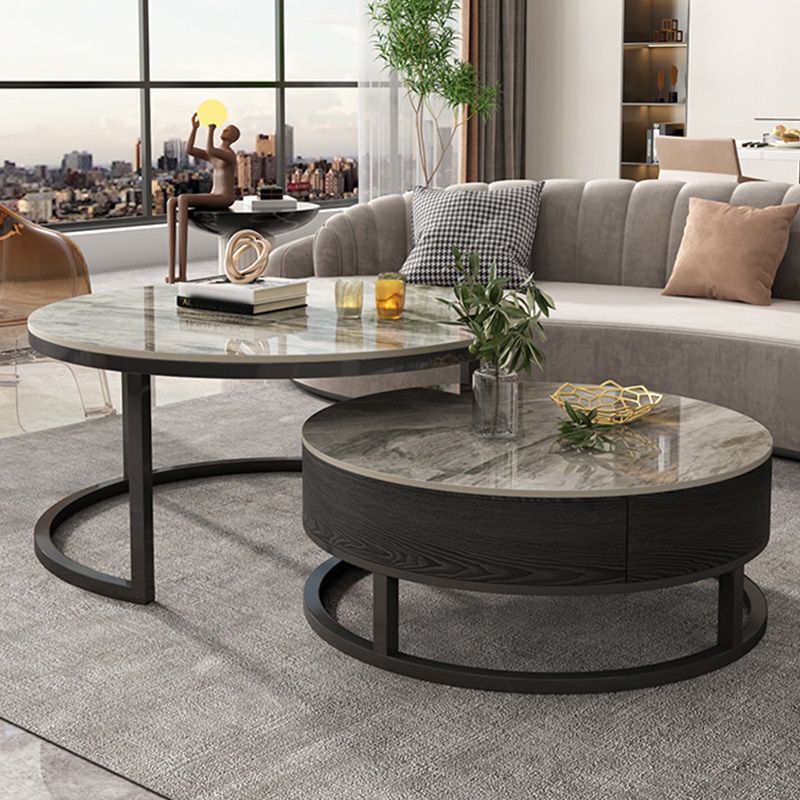 Round Slate Top Coffee Table Frame Coffee Cocktail Table with Drawers Clearhalo 'Coffee & Accent Tables' 'Coffee Tables' 'coffee_tables' 'furn' 'furn_coffee_tables' 'Furniture' 'Living Room Furniture' 1200x1200_07129d15-e061-46e7-99c8-f9a8bdb59267