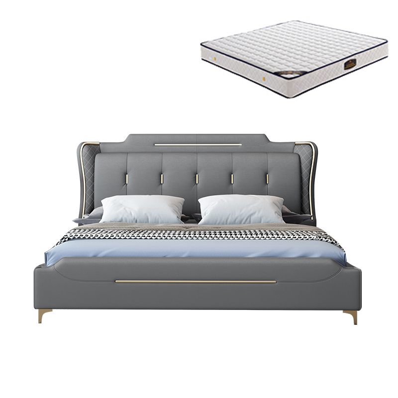 Cama de panel glamoroso de cuero sintético con cabecera tapizada de madera