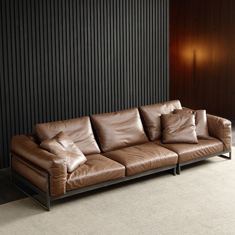 Square Arm Loose Back Sofa Mid Century Modern Genuine Leather Sofa in Brown