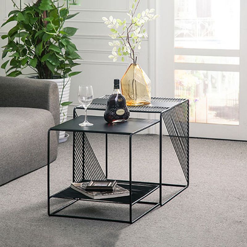 Mesa de centro cuadrada con 2 nidos y estante, juego de mesa de centro con estructura de hierro de mediados de siglo
