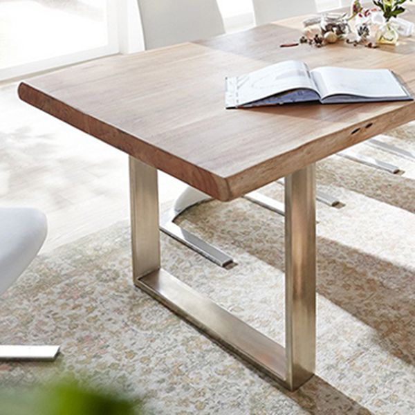 Modern Pine Wood Table for Restaurant Rectangle Dining Table with Silver Double Pedestal Clearhalo 'Dining Tables & Seating' 'Dining Tables' 'dining_table' 'furn' 'furn_dining_table' 'Furniture' 'furniture_dining_table' 'Kitchen & Dining Furniture' 'kitchen' 'kitchen_dining_table' 1200x1200_079db73a-a234-43f2-a4c9-9bcea1ee8de2