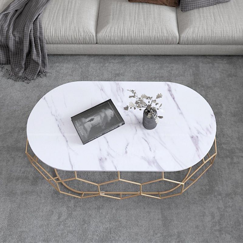 Glam Slate Coffee Table with Iron Frame and Oval Stone Top Cocktail Table