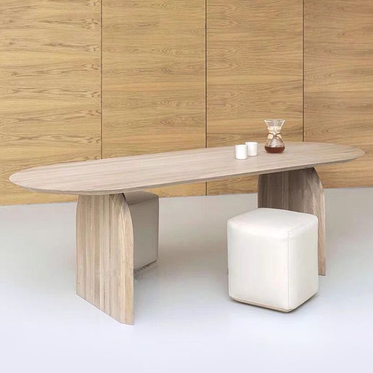 Oval Double Pedestal Minimalist Dining Table Wood Color Fixed Table with Pine Solid Wood Clearhalo ' dining_table' 'Dining Tables & Seating' 'Dining Tables' 'furn' 'furn_dining_table' 'Furniture' 'furniture_dining_table' 'Kitchen & Dining Furniture' 'kitchen&dining_furn' 'kitchen' 'kitchen_dining_table' 1200x1200_07bc7a1c-5e63-48e9-af2e-07cf2824b324