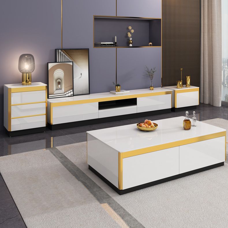 Glam TV Media Stand avec des tiroirs et une console de média TV en verre en bois