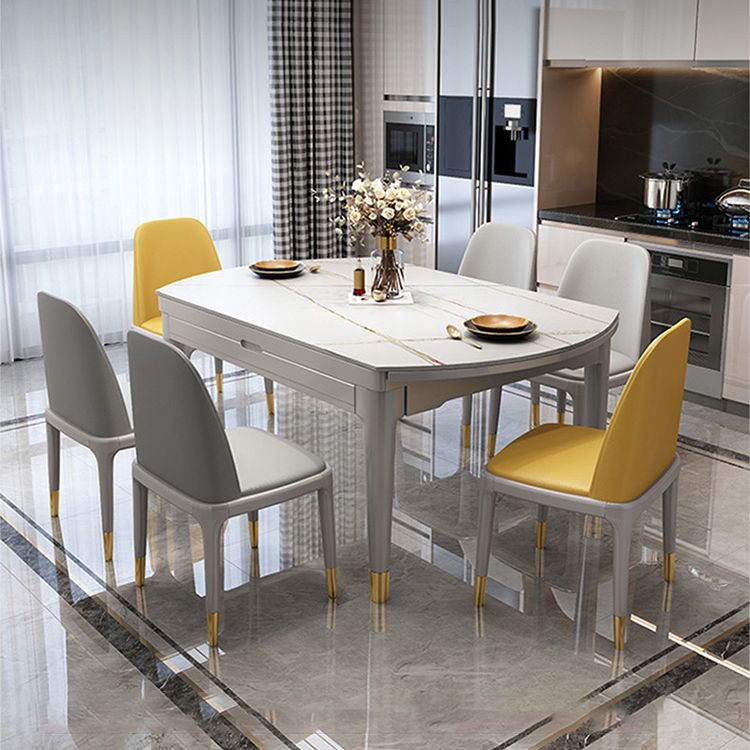 Contemporary Extendable Stone Dining Table with Wood Base and Double Drop Leaf Clearhalo 'Dining Tables & Seating' 'Dining Tables' 'dining_table' 'furn' 'furn_dining_table' 'Furniture' 'Kitchen & Dining Furniture' 1200x1200_07d34ac2-fc6e-424d-99f9-3cf9fff4f9cc