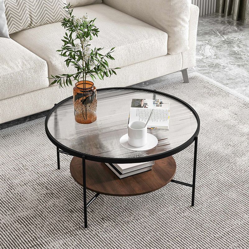 Mesa de centro individual contemporánea con tapa de cristal redonda de 4 patas y estante de almacenamiento