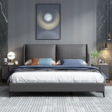 Grey Pine Wood Panel Bed Leather Bed Frame with Upholstered Headboard