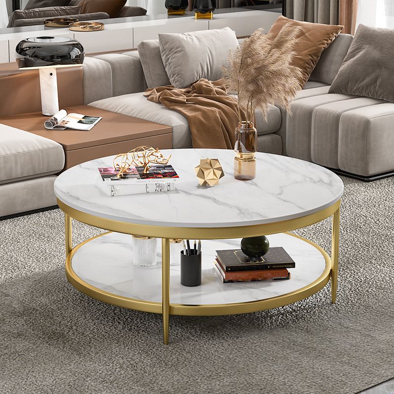17.7" H Glam Round Slate Coffee Table Metal 4 Legs Cocktail Table with Shelf Clearhalo 'Coffee & Accent Tables' 'Coffee Tables' 'coffee_tables' 'furn' 'furn_coffee_tables' 'Furniture' 'Living Room Furniture' 1200x1200_0840d831-e972-49e1-b57d-cebd353f4b3a