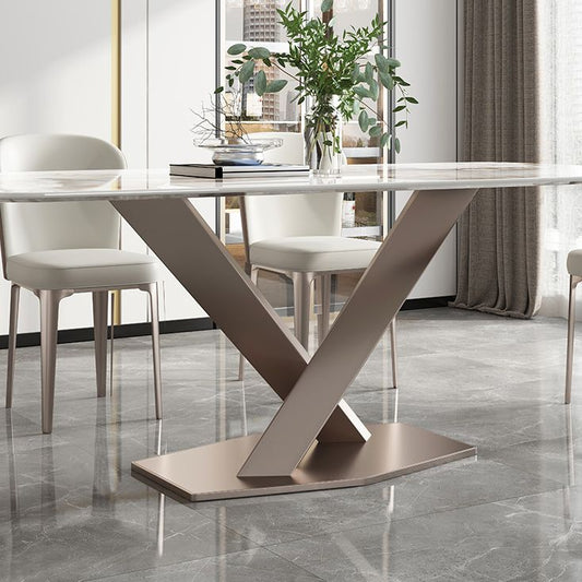 Metal Traditional Luxury Rectangular Dining Table Sintered Stone Table with Pedestal