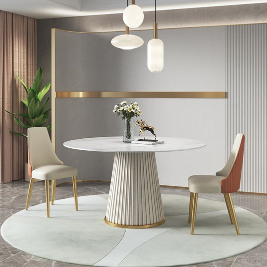 Sintered Stone Top Dining Table in White Luxury Kitchen Table with Pedestal Base