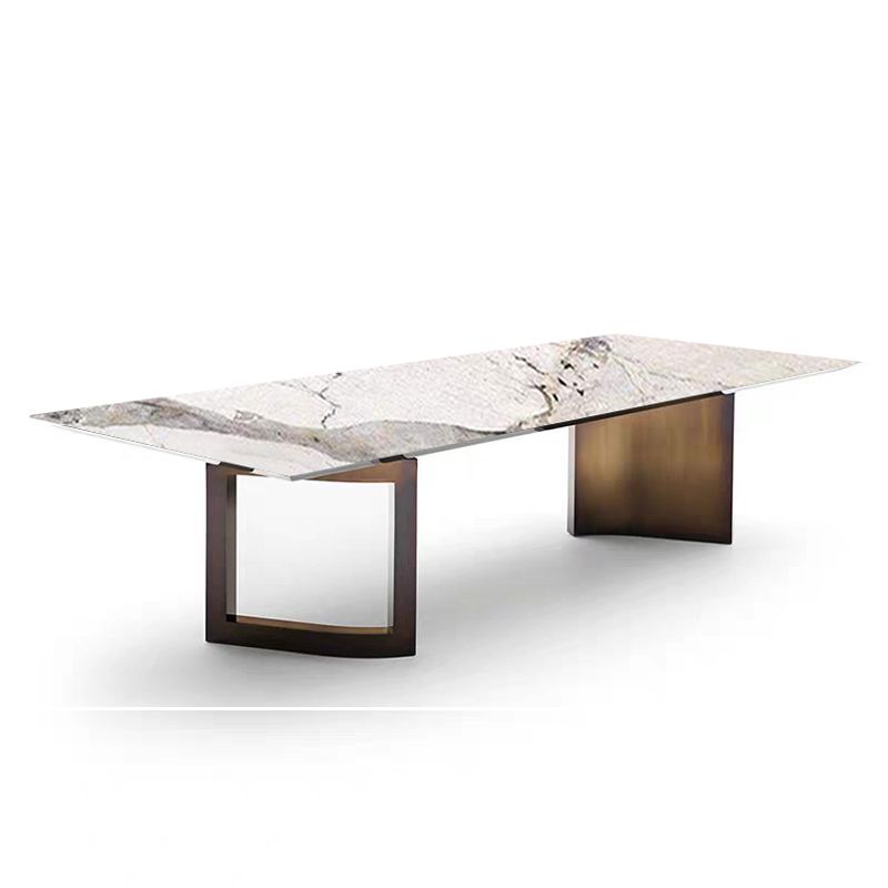 Rectangle Traditional Luxury Dining Table Sintered Stone Table with Gold Double Pedestal Clearhalo ' dining_table' 'Dining Tables & Seating' 'Dining Tables' 'furn' 'furn_dining_table' 'Furniture' 'furniture_dining_table' 'Kitchen & Dining Furniture' 'kitchen&dining_furn' 'kitchen' 'kitchen_dining_table' 1200x1200_08b886df-418b-432c-bfc8-edfa7e9fc9bf