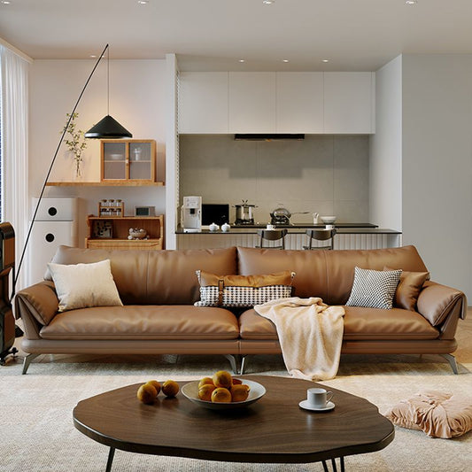 Brown Genuine Leather Sofa Loose Back Flared Arm Sofa with Pillows