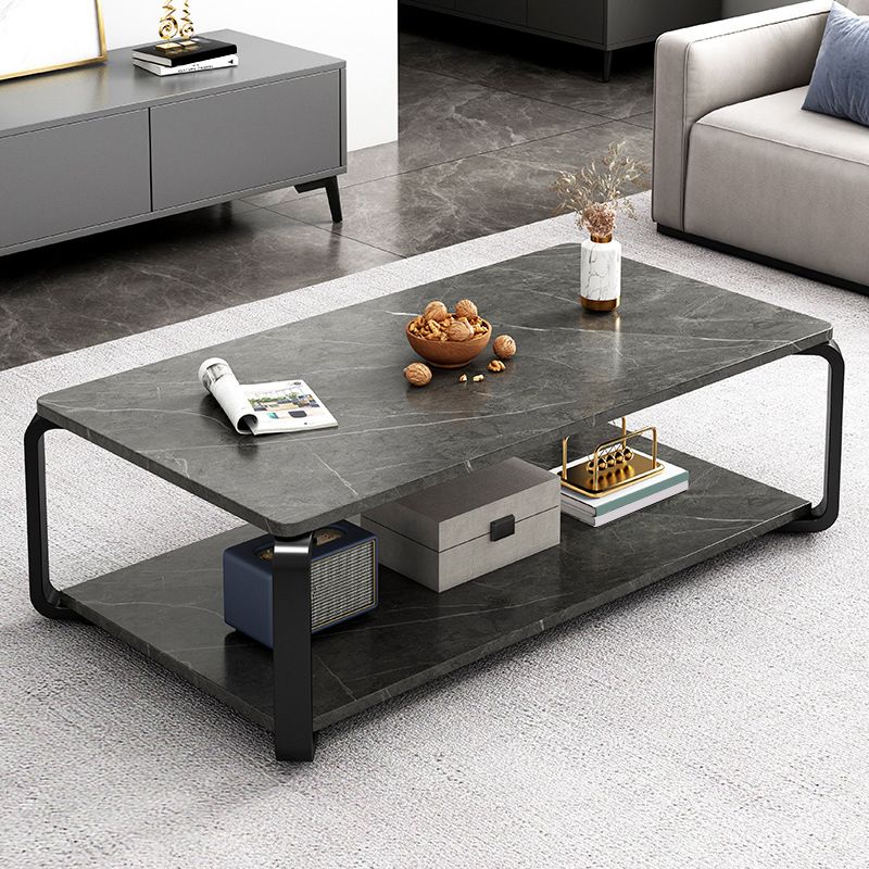 Glam Frame Coffee Table Slate Rectangular Cocktail Table with Storage Shelf