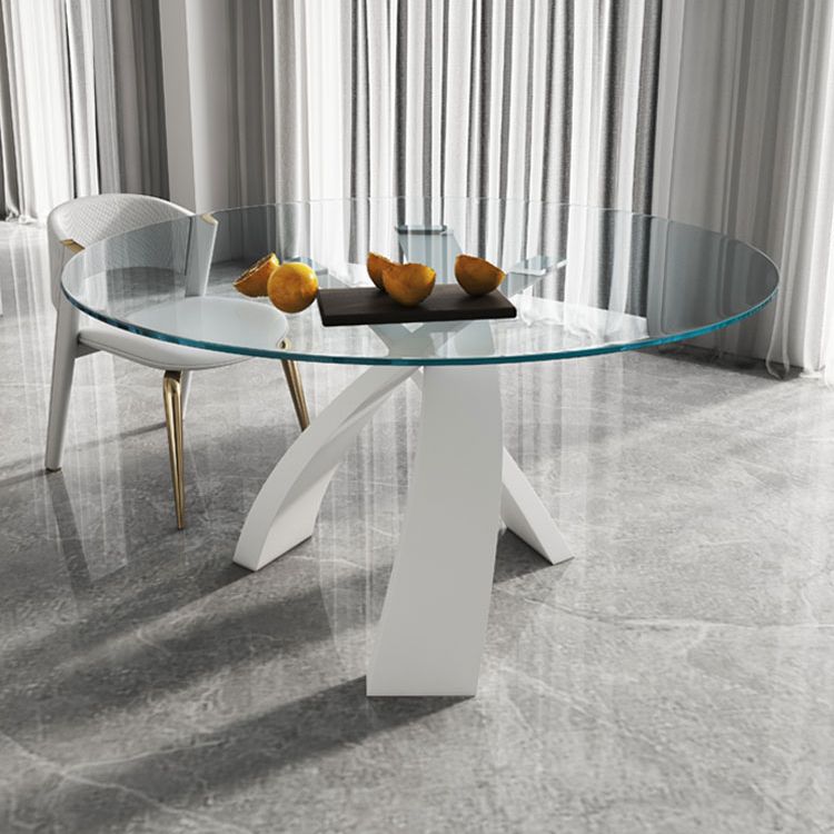 Modern Round Dining Table Glass Tabletop with White Pedestal Base