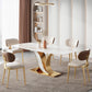 Table de salle à manger rectangulaire de luxe avec plateau en pierre blanche et base en X en métal doré et blanc