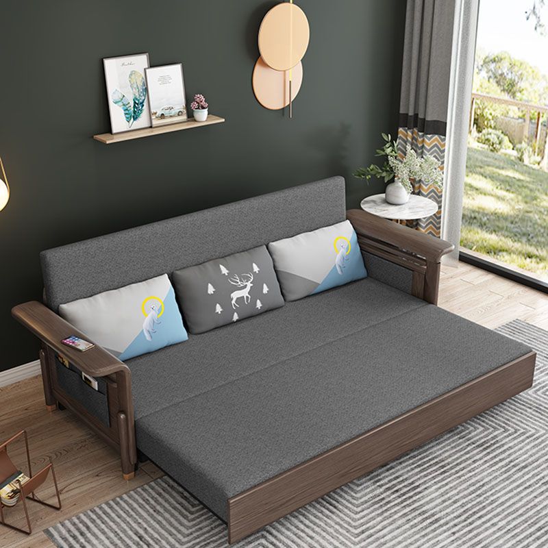 Stoffen slaapbank met 3 kussens vaste houten bank in walnootafwerking