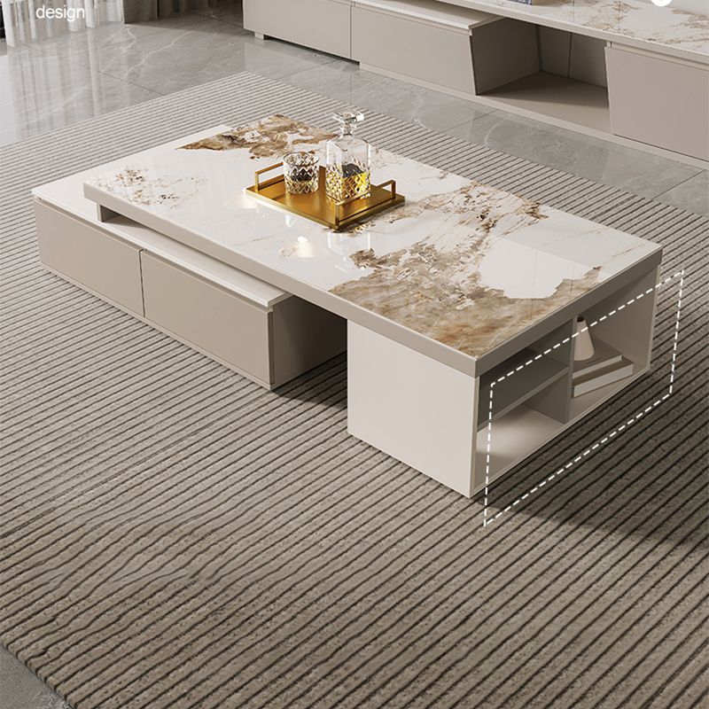 Rectangle Stone Cocktail Table Glam Single Coffee Table with Storage Drawers