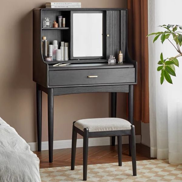 Modern Black Dressing Table Stool Set Wooden Vanity Dressing Table for Bedroom