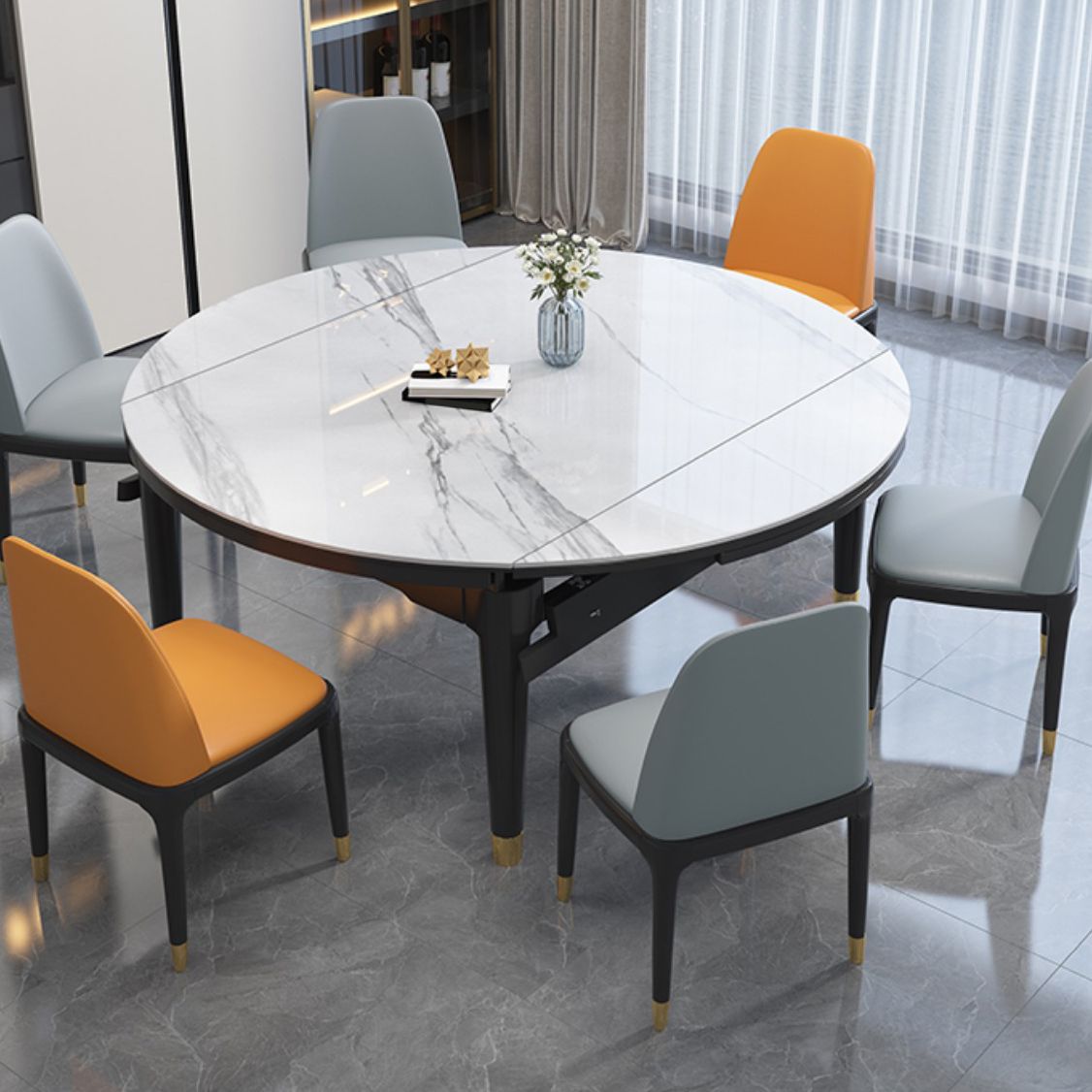 Moderne uitschuifbare eettafel, wit rond stenen tafelblad voor eetkamer