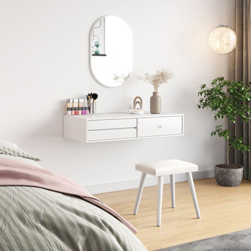 Contemporary Vanity 3 Storage Drawers Dresser with Mirror Stool in White