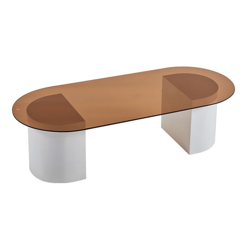 Modern Oval Glass Top Coffee Table with White Wooden Base Cocktail Table