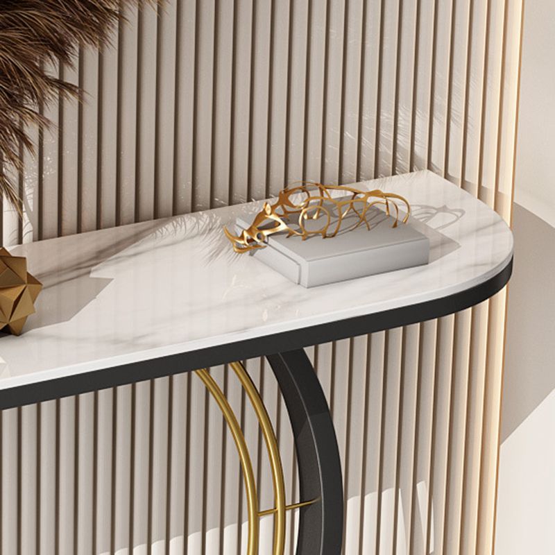 Tavolo da conole moderno con top mezza luna di pietra e base di piedistallo nero