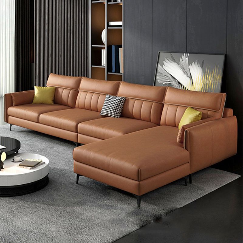 Faux Leather Stain-Resistant Sectional with Pillow Back for Four People Clearhalo 'furn' 'furn_sectionals' 'Furniture' 'Living Room Furniture' 'Sectionals' 1200x1200_09eab1f5-3dbc-423e-b763-9049b4cde2da