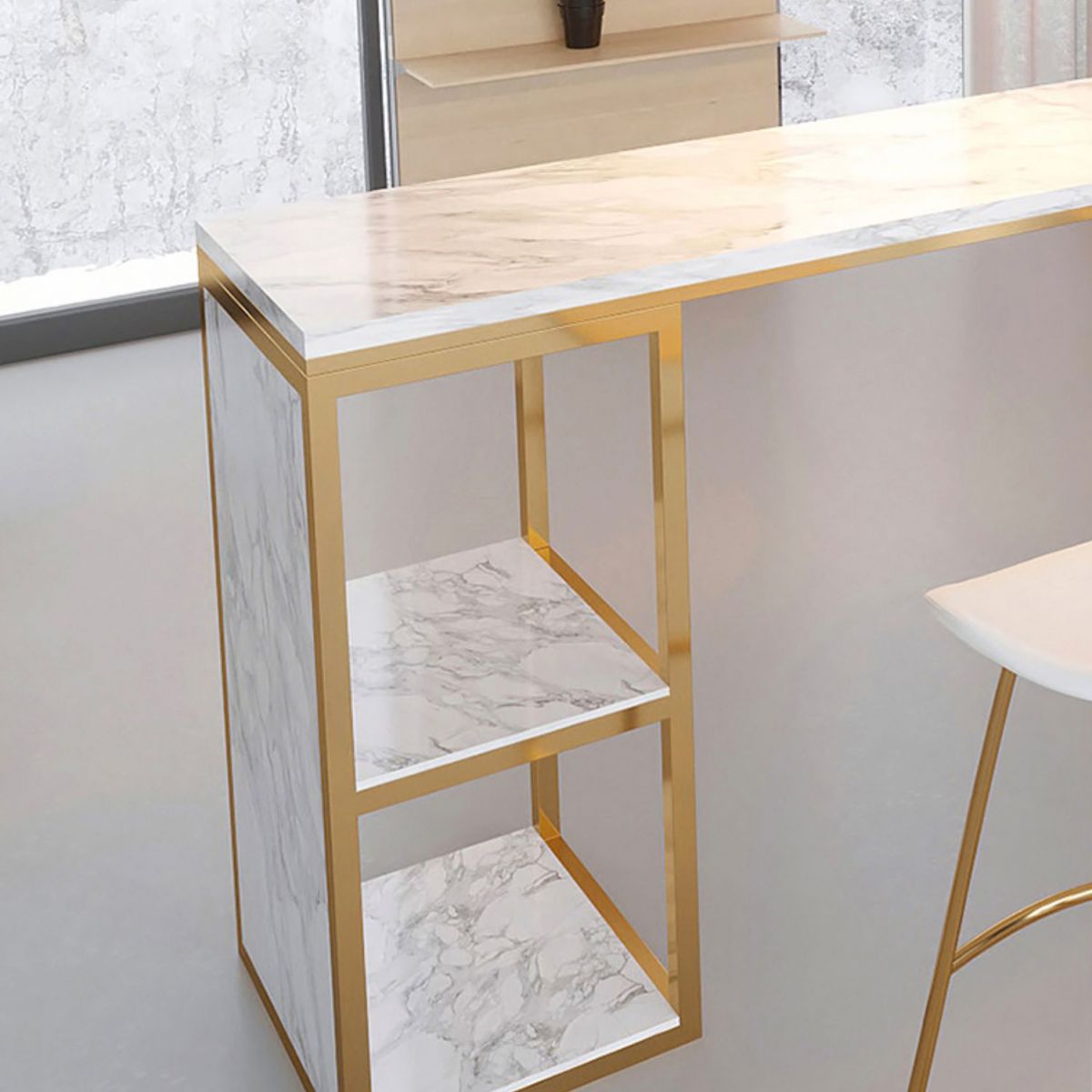 Glam Rectangle Faux Marble Bar Table Double Pedestal Bar Table with 2-Shelf, Only Table Clearhalo 'Bar Furniture' 'Bar Tables' 'bar_tables' 'furn' 'furn_bar_tables' 'Furniture' 'furniture_bar_tables' 'Kitchen & Dining Furniture' 1200x1200_09fdd57b-539d-4780-9b45-d51e97bdd6e8