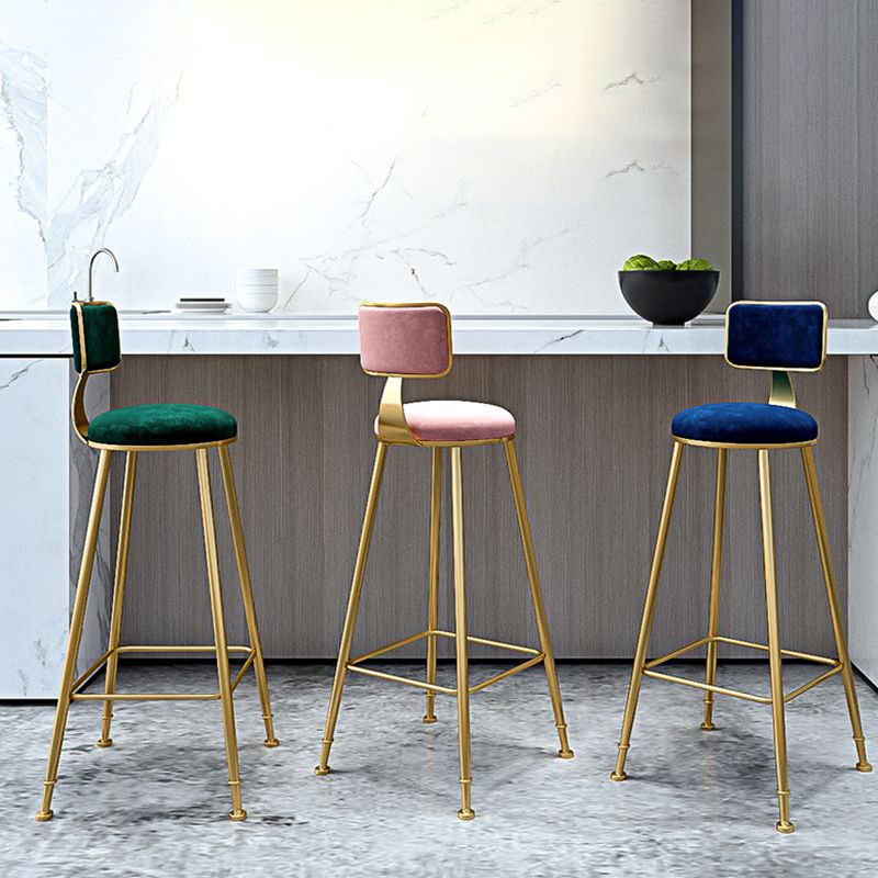 Fabric Round Seat Bar Stools Scandinavian Low Back Barstool with 4 Gold Iron Legs