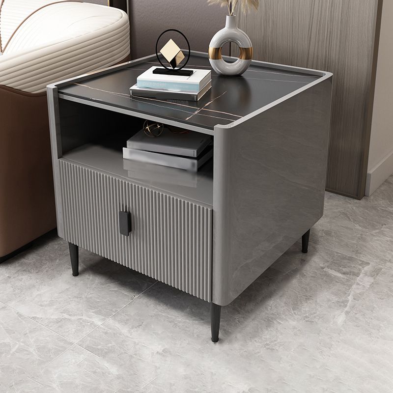 Modern Stone Top End Table 4 Legs Side Table with Drawer and Shelf