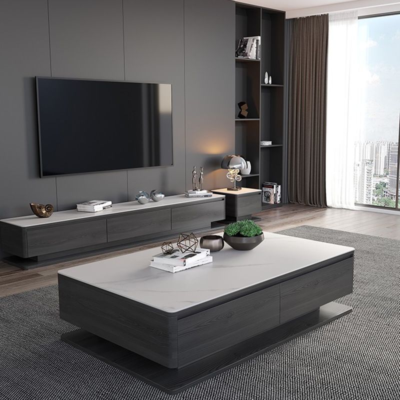 Tavolino da caffè rettangolare di pietra rettangolare contemporanea 16,9 "tavolo da cocktail a blocco H con 4 cassetti