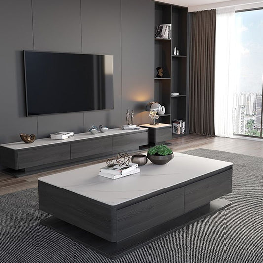 Tavolino da caffè rettangolare di pietra rettangolare contemporanea 16,9 "tavolo da cocktail a blocco H con 4 cassetti