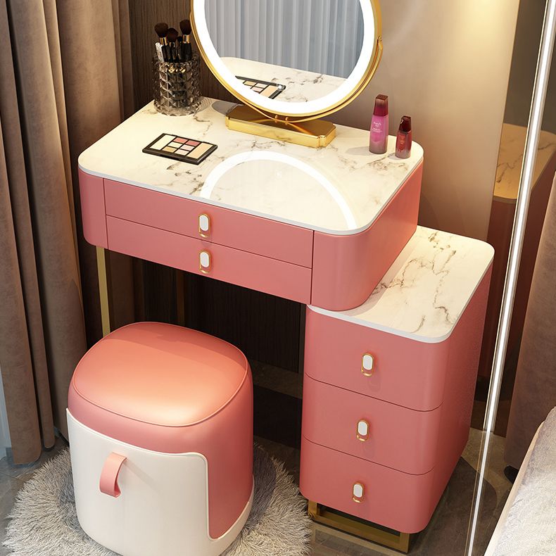 Stone Top Vanity with Storage Drawers Makeup Vanity Desk with Stool and Mirror