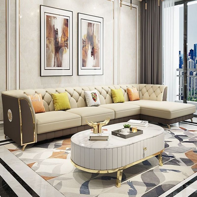 Recessed Arm Tufted Back Furniture Sectionals Pleated Genuine Leather Sectional Sofa Set Clearhalo 'Furniture' 'furniture_sectionals' 'kitchen' 'kitchen_sectionals' 'Living Room Furniture' 'Sectionals' 1200x1200_0a51a10d-f1b6-4dfc-ad9f-8ffbaa5bb870