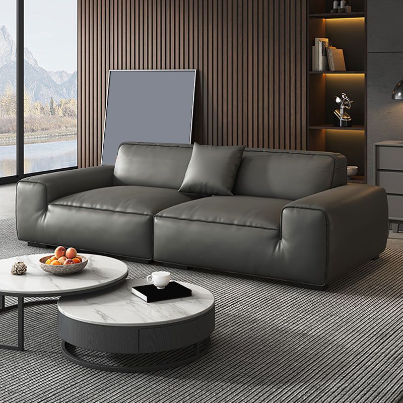 Canapé de bras carré en cuir authentique noir contemporain avec oreillers